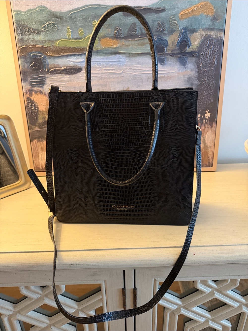 Black Croc-Embossed Structured Shoulder Bag with Removable Strap leather
